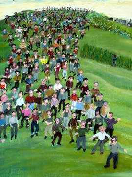 Hinter dem H&uuml;gel stink die Stadt, die Menschen gehen auf die Barrikaden. '99, 40x70